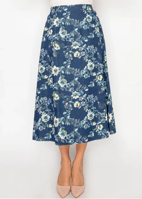 Floral Denim Midi Skirt in Blue