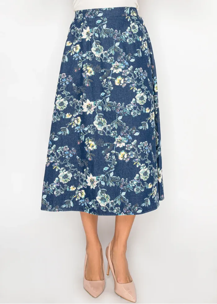 Floral Denim Midi Skirt in Blue