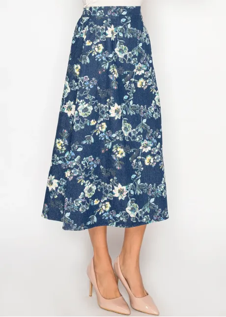 Floral Denim Midi Skirt in Blue