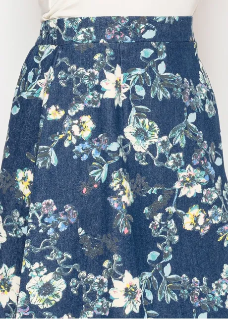 Floral Denim Midi Skirt in Blue