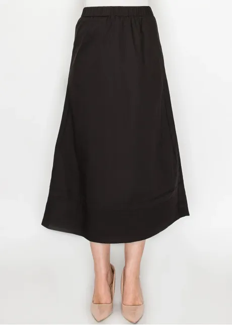 Black Cotton A-Line Midi Skirt
