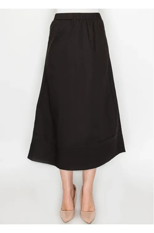 Black Cotton A-Line Midi Skirt