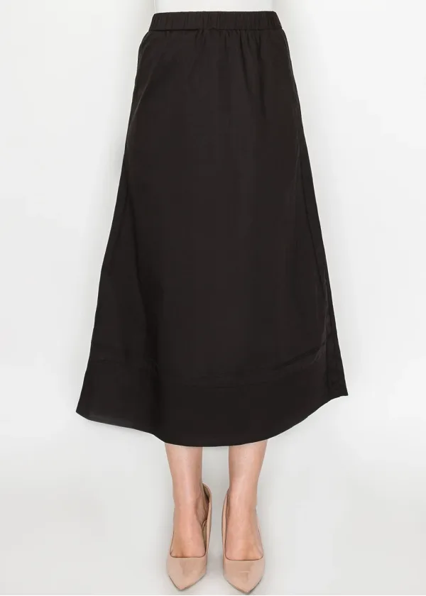 Black Cotton A-Line Midi Skirt