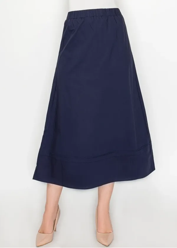 Midi Skirt in Navy Cotton with Panel Seams