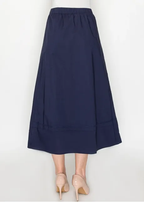 Midi Skirt in Navy Cotton with Panel Seams