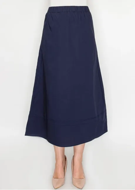 Midi Skirt in Navy Cotton with Panel Seams