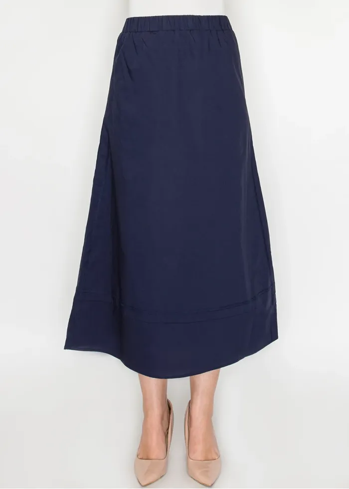 Midi Skirt in Navy Cotton with Panel Seams