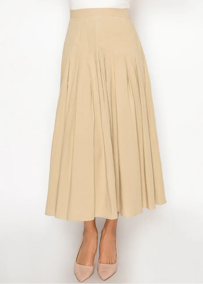 Flowing Pleated Beige Midi Skirt