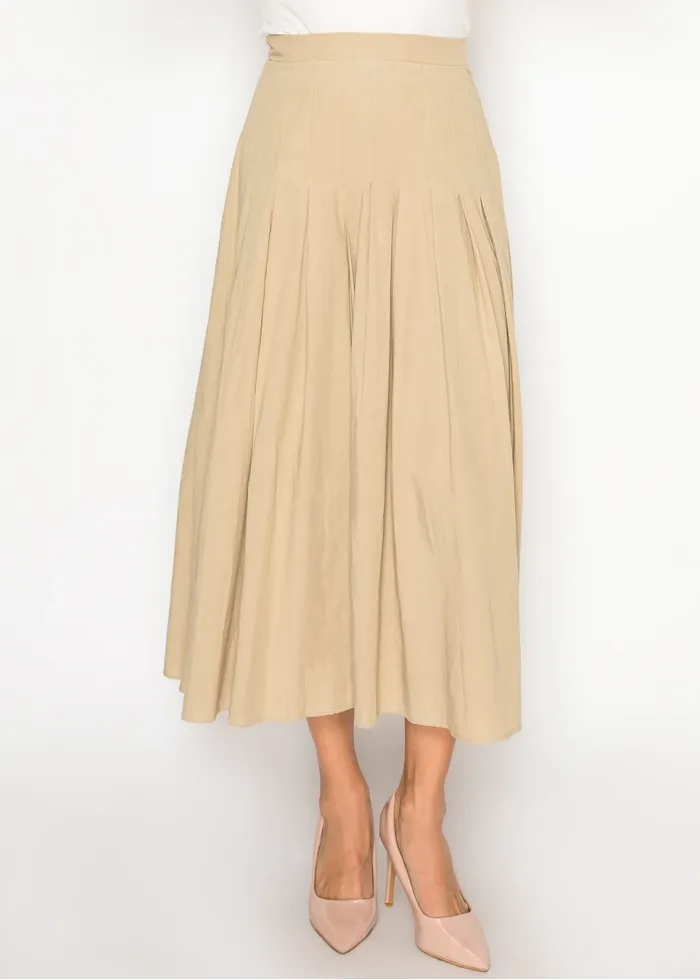 Flowing Pleated Beige Midi Skirt