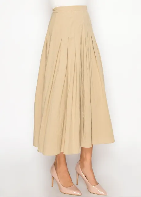 Flowing Pleated Beige Midi Skirt