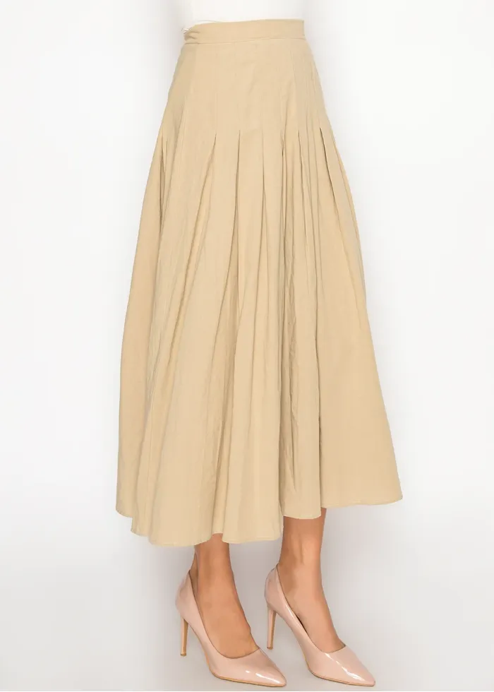 Flowing Pleated Beige Midi Skirt