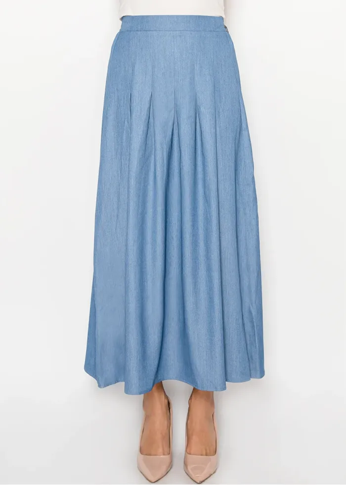 Denim Blue Modest A-Line Maxi Skirt