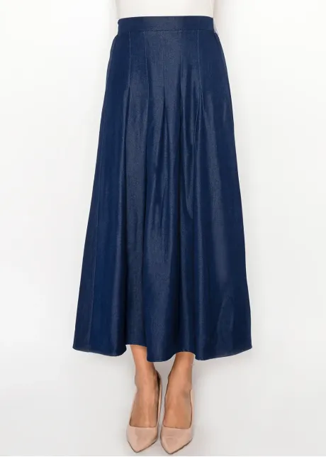 Dark Navy Pleated Denim Midi Skirt