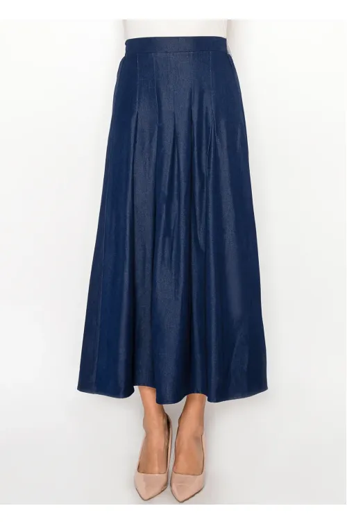 Dark Navy Pleated Denim Midi Skirt