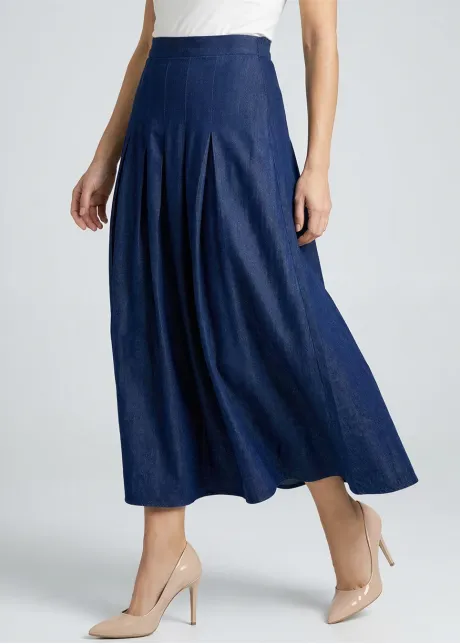 Dark Navy Pleated Denim Midi Skirt