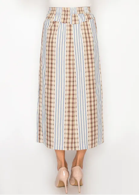 Plaid & Stripe Cotton Midi Skirt