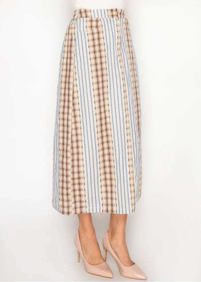 Plaid & Stripe Cotton Midi Skirt