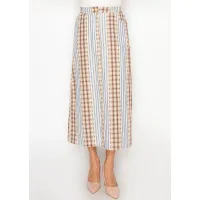 Plaid & Stripe Cotton Midi Skirt