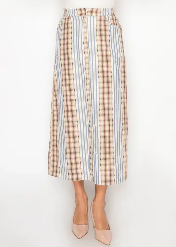 Plaid & Stripe Cotton Midi Skirt