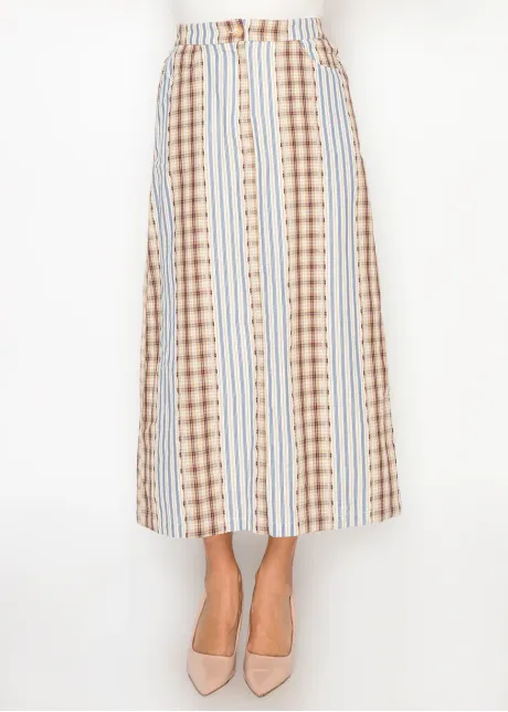 Plaid & Stripe Cotton Midi Skirt