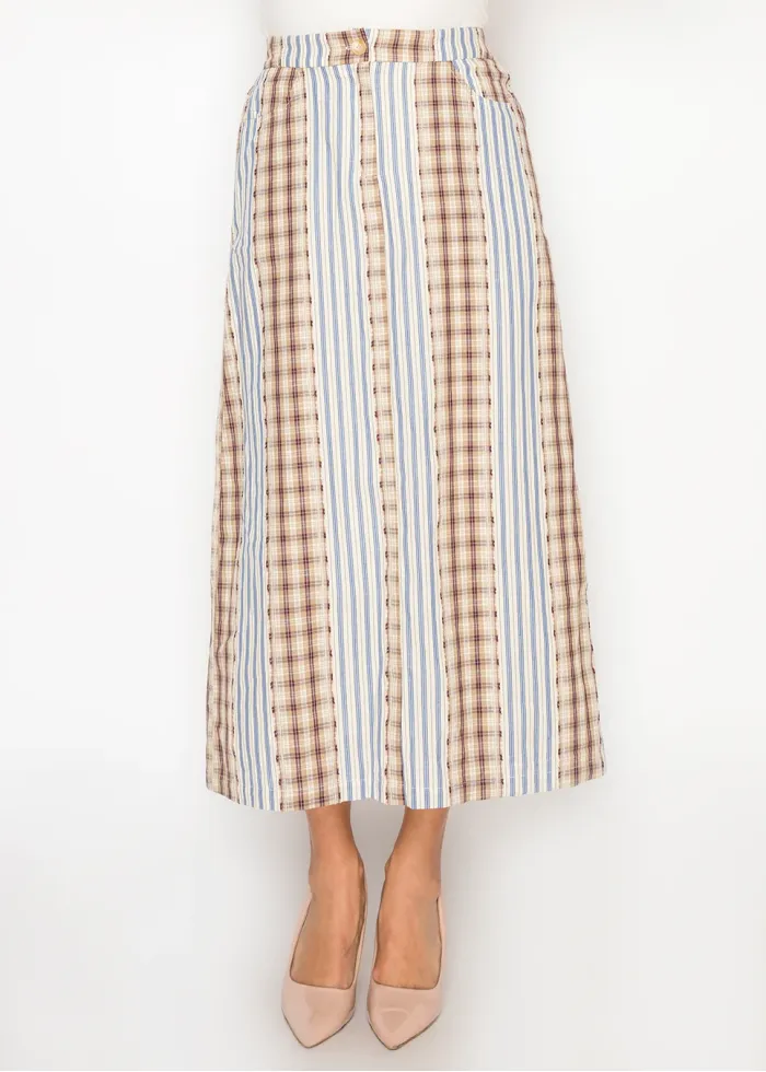 Plaid & Stripe Cotton Midi Skirt