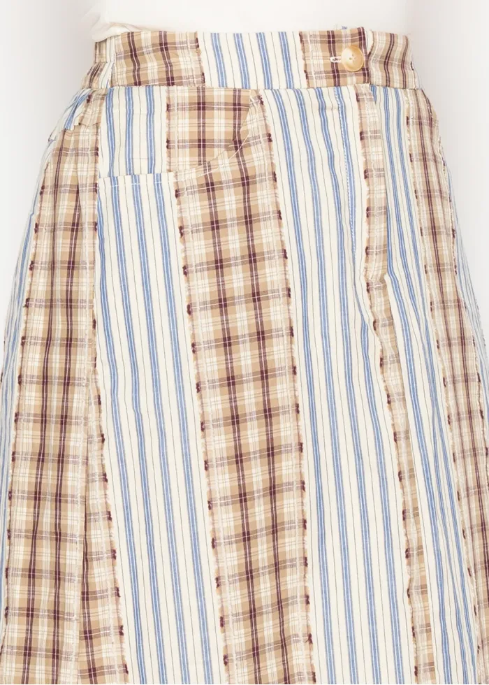 Plaid & Stripe Cotton Midi Skirt