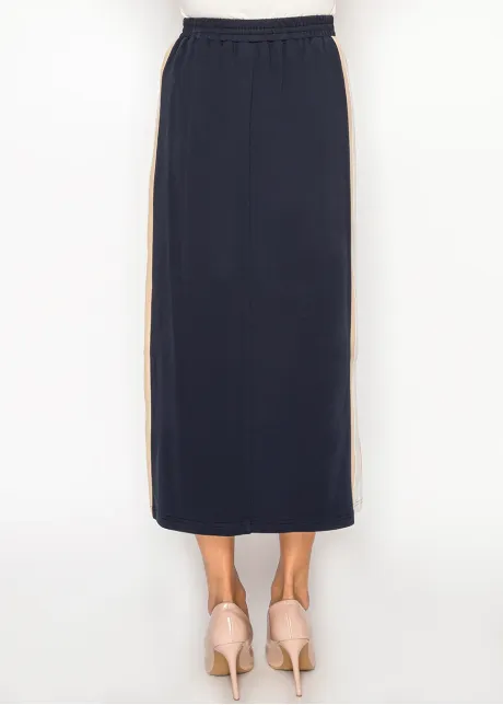 Navy Midi Skirt with Contrast Side Stripe Panel