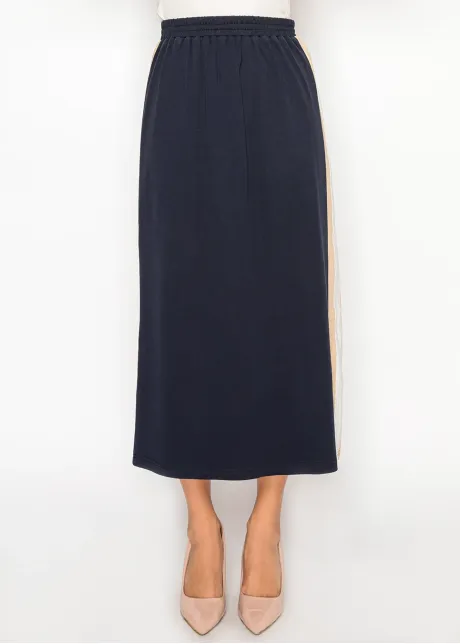 Navy Midi Skirt with Contrast Side Stripe Panel