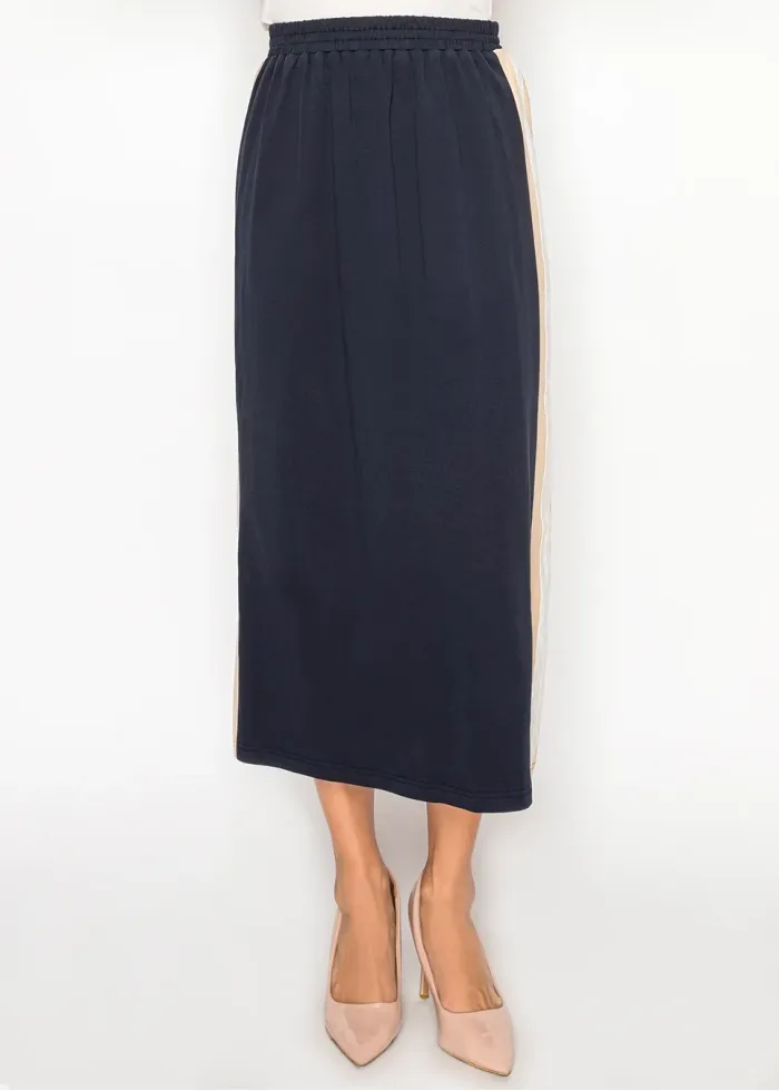 Navy Midi Skirt with Contrast Side Stripe Panel