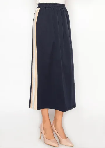 Navy Midi Skirt with Contrast Side Stripe Panel