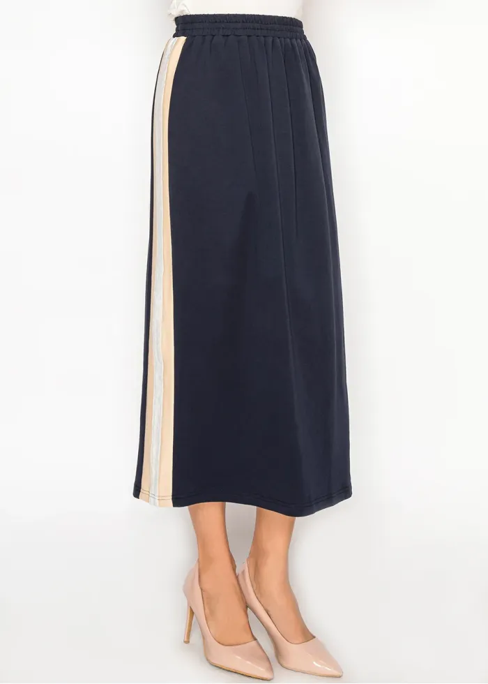 Navy Midi Skirt with Contrast Side Stripe Panel