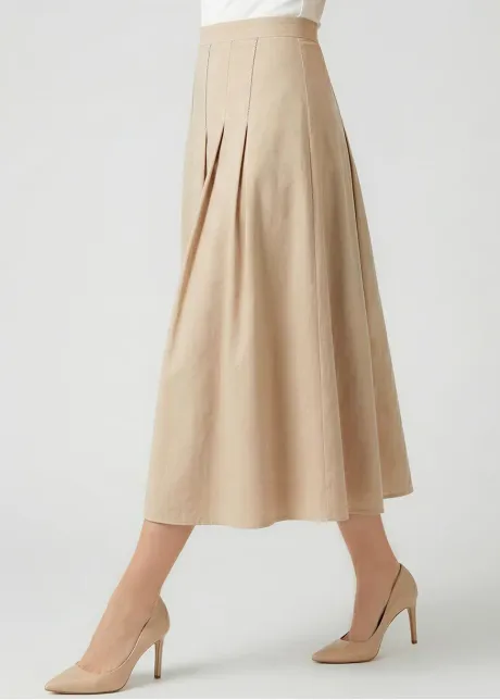 Flowy Pleated Midi Skirt in Beige