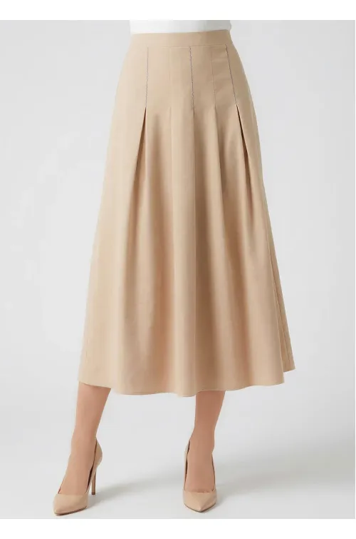 Flowy Pleated Midi Skirt in Beige