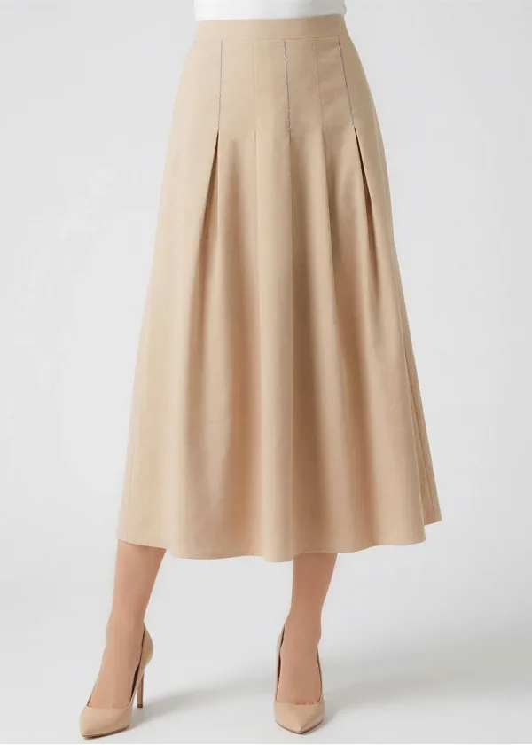 Flowy Pleated Midi Skirt in Beige