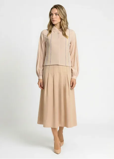 Flowy Pleated Midi Skirt in Beige