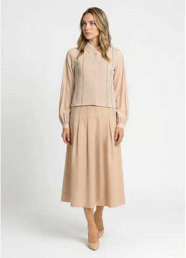 Beige Matching Set - Blouse and Pleated Skirt