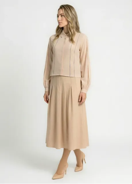 Flowy Pleated Midi Skirt in Beige