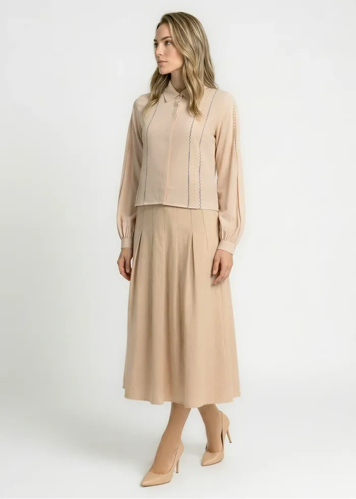 Beige Blouse with Multicolor Stitching