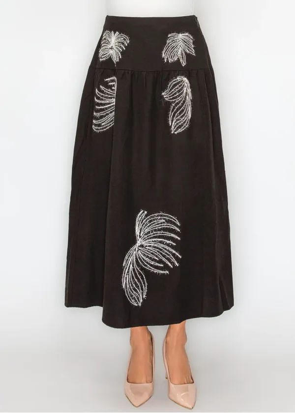 Black Midi Skirt with White Embroidery