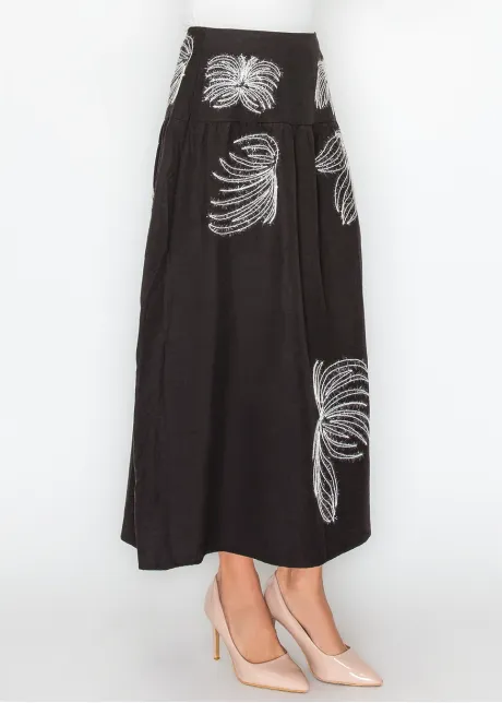 Black Midi Skirt with White Embroidery