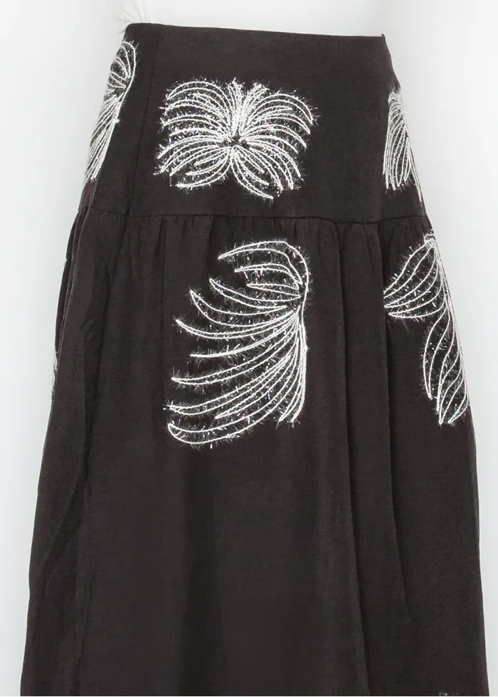 Black Midi Skirt with White Embroidery