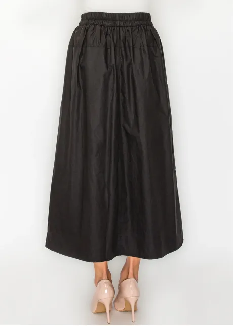 Black Cotton Midi Skirt, Drawstring Waist