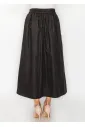 Black Cotton Midi Skirt, Drawstring Waist