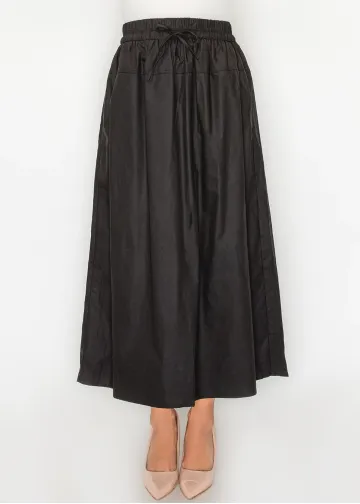 Black Cotton Midi Skirt, Drawstring Waist