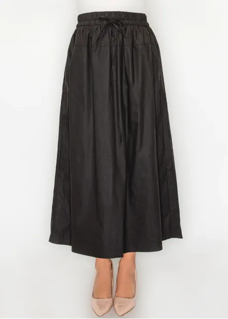 Black Cotton Midi Skirt, Drawstring Waist