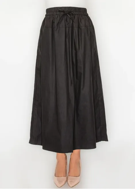 Black Cotton Midi Skirt, Drawstring Waist
