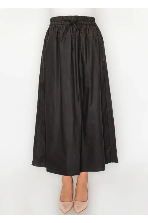 Black Cotton Midi Skirt, Drawstring Waist