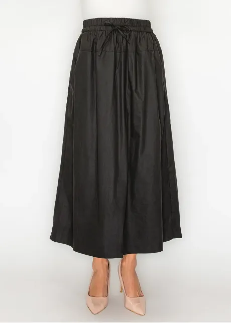 Black Cotton Midi Skirt, Drawstring Waist