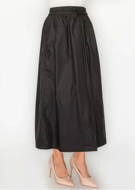 Black Cotton Midi Skirt, Drawstring Waist