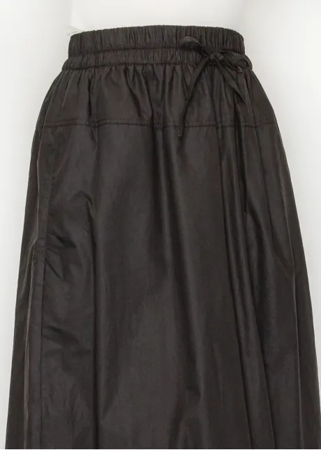 Black Cotton Midi Skirt, Drawstring Waist